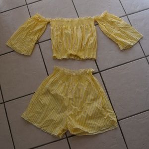 Romwe Off shoulder Yellow Stripe Two Piece Set